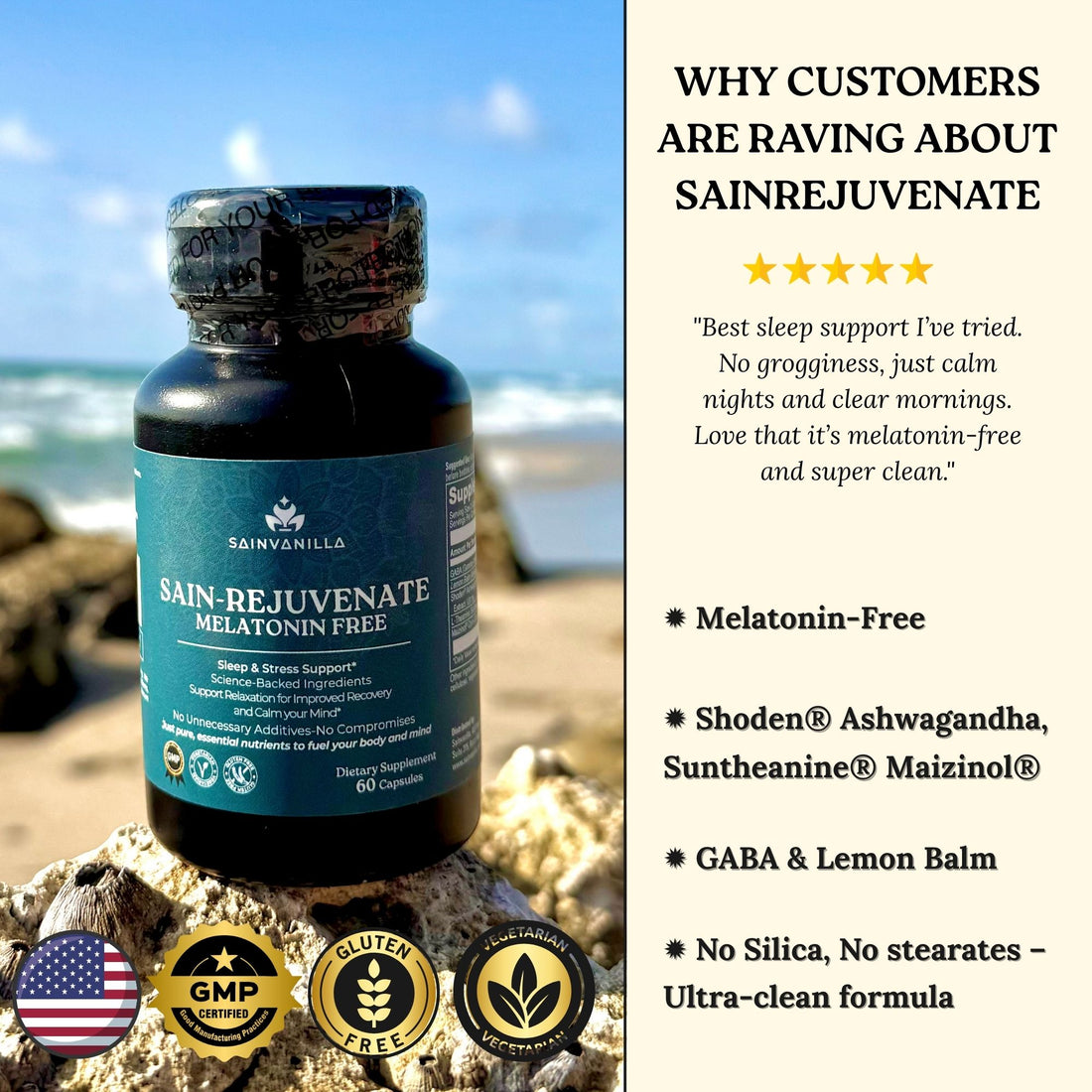 SAIN-REJUVENATE Melatonin-Free Sleep & Stress Support – 60 Vegetarian Capsules
