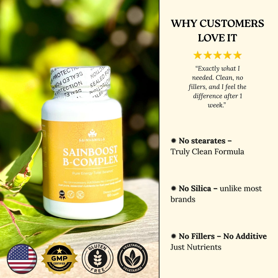 SAINBOOST B-COMPLEX Complete B Vitamin Formula for Energy, Focus & Metabolic Health – 60 Vegetarian Capsules