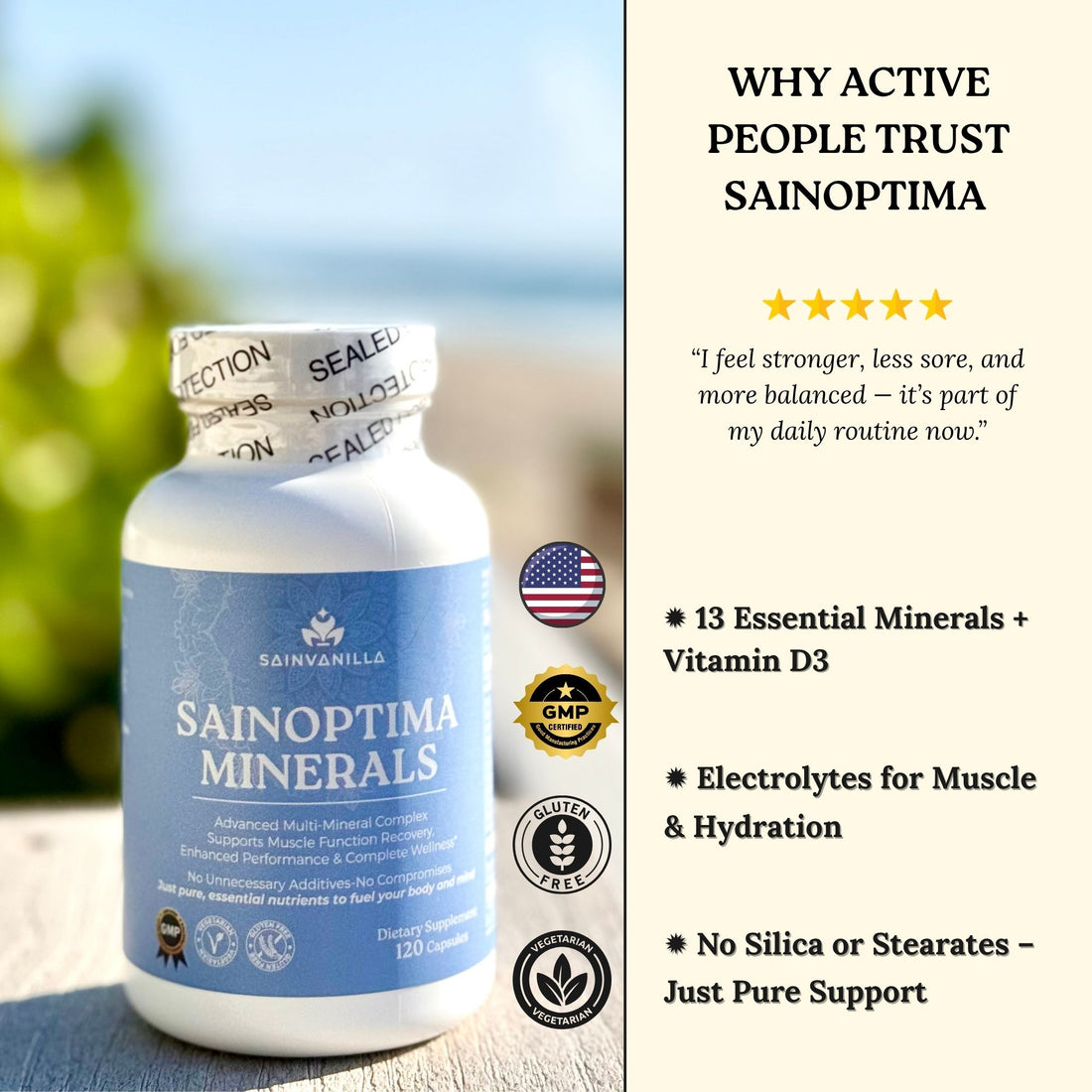 SAINOPTIMA Minerals Complete Multi-Mineral Complex + Vitamin D3 – 120 Vegetarian Capsules