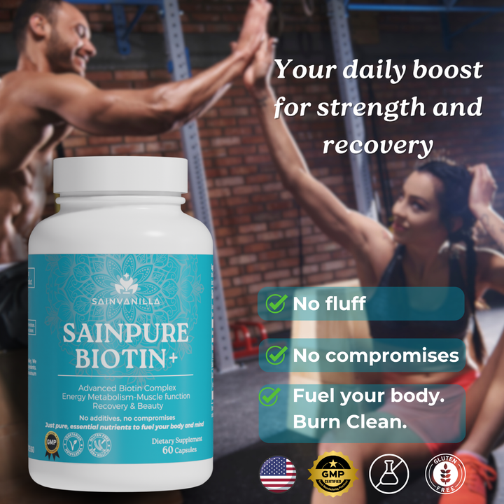 SAINPURE BIOTIN + With Biotin, Vitamin C & Calcium — Supports Energy, Recovery, Skin & Bone Health — Clean & Vegetarian