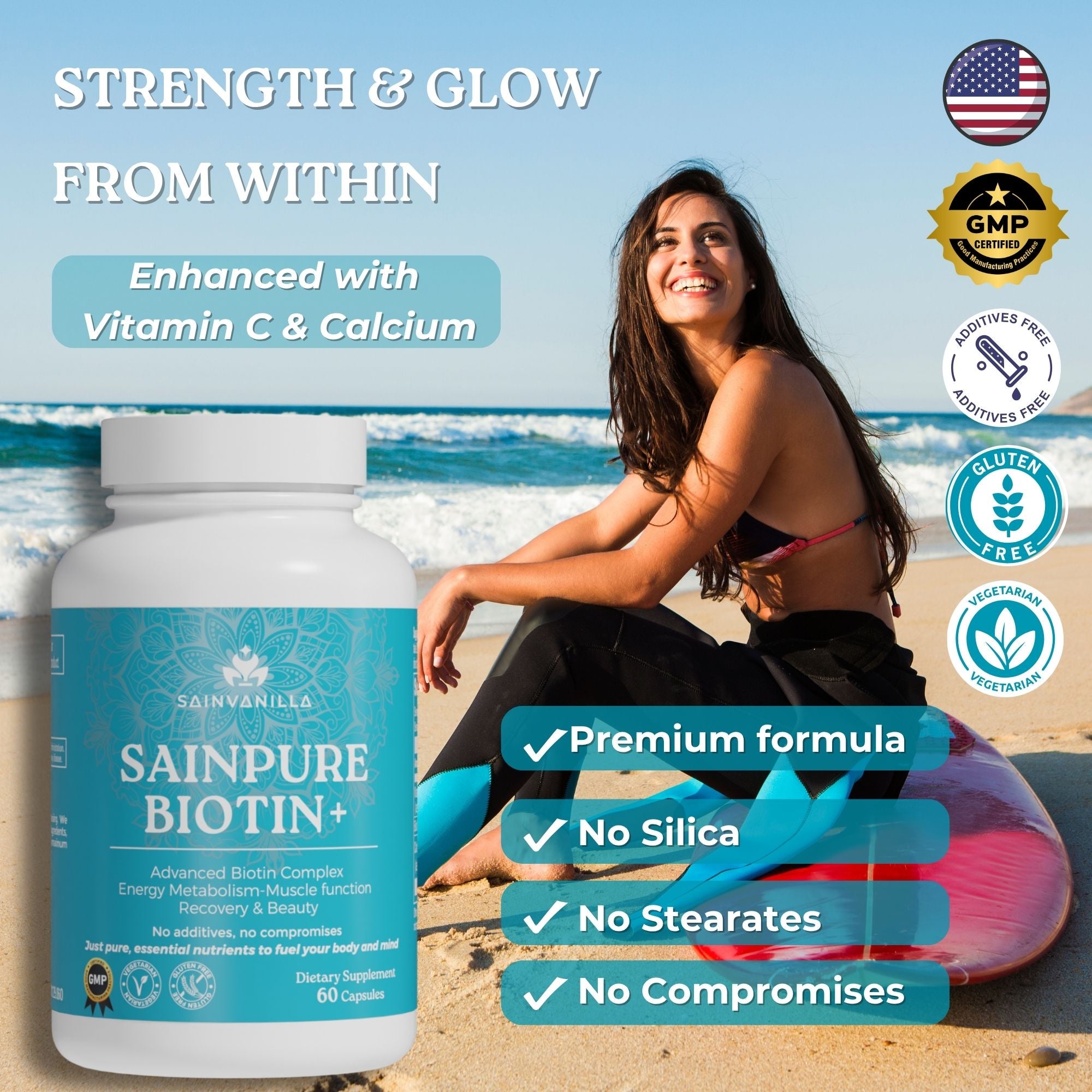 SAINPURE Biotin  — Energy, Recovery & Radiant Skin Support with Vitamin C + Calcium