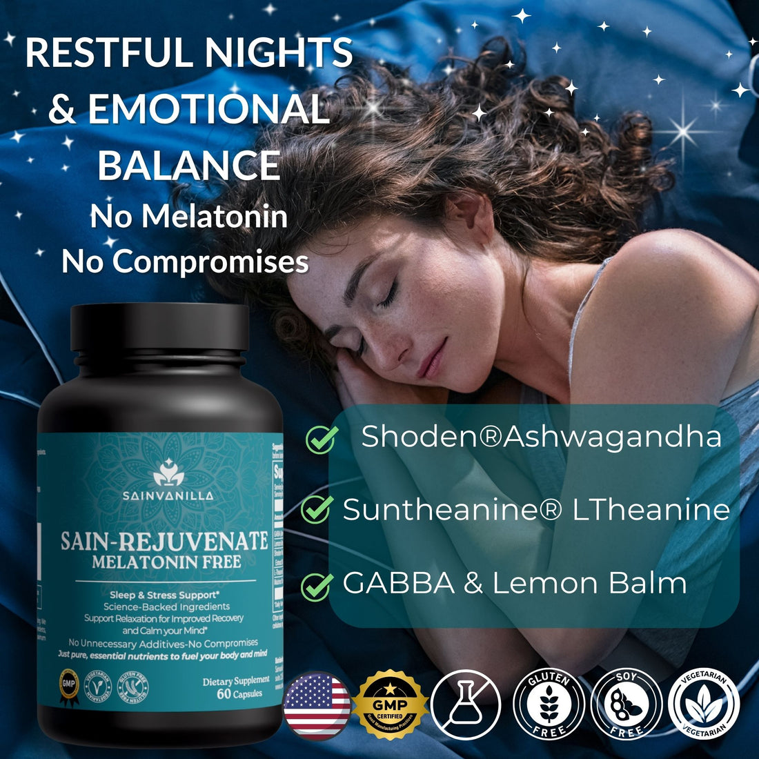 SAIN-REJUVENATE Melatonin-Free Sleep & Stress Support – 60 Vegetarian Capsules