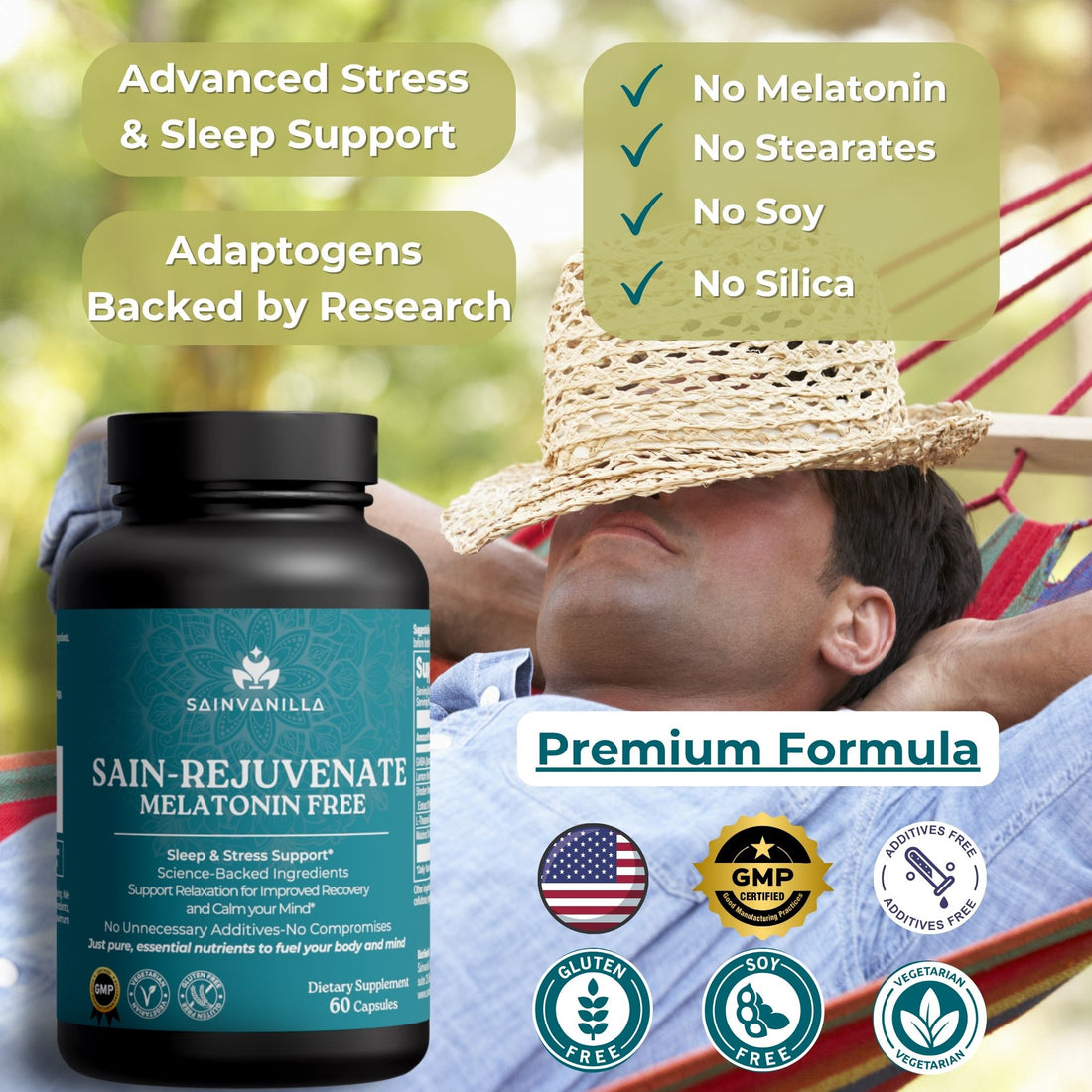 SAIN-REJUVENATE Melatonin-Free Sleep & Stress Support – 60 Vegetarian Capsules