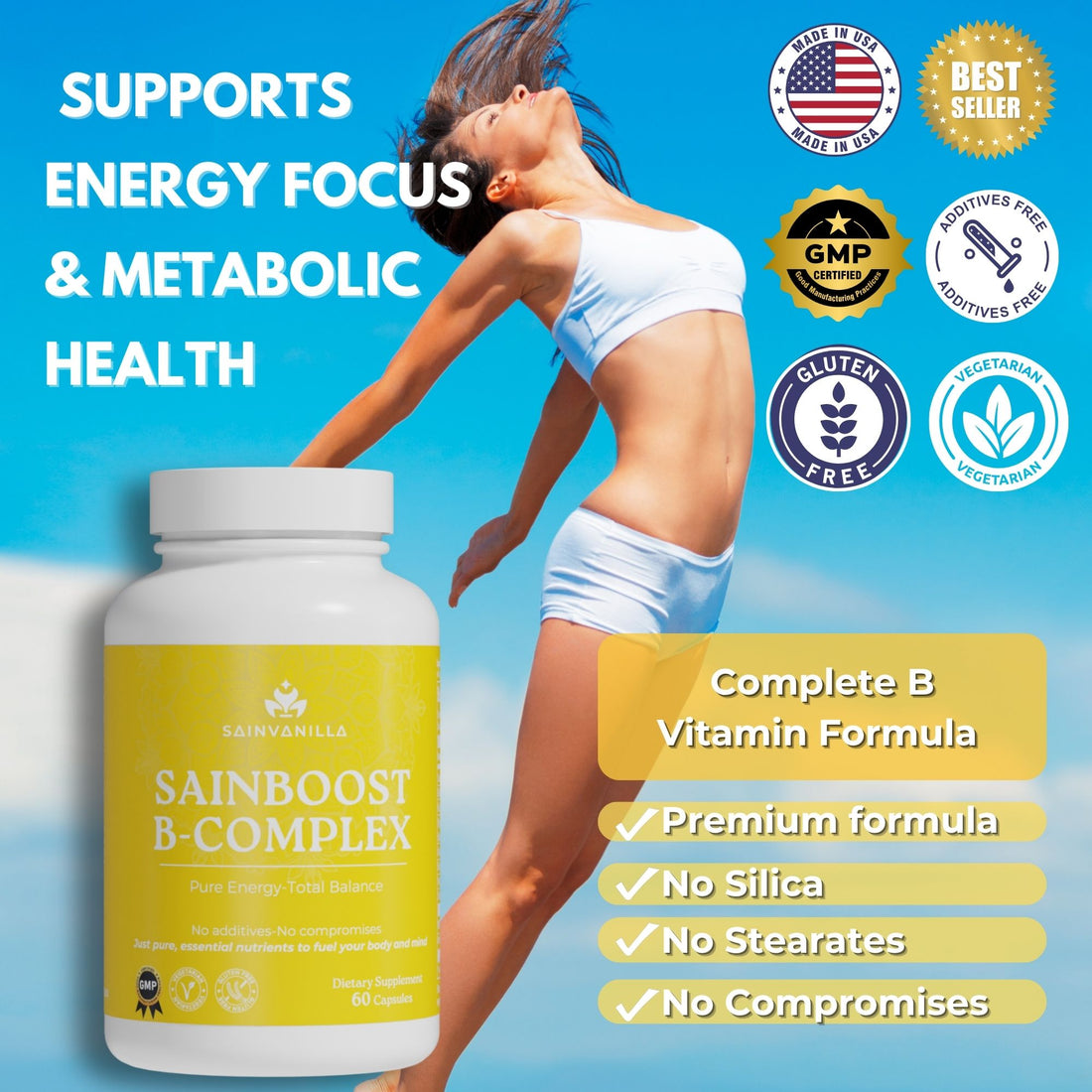 SAINBOOST B-COMPLEX Complete B Vitamin Formula for Energy, Focus & Metabolic Health – 60 Vegetarian Capsules