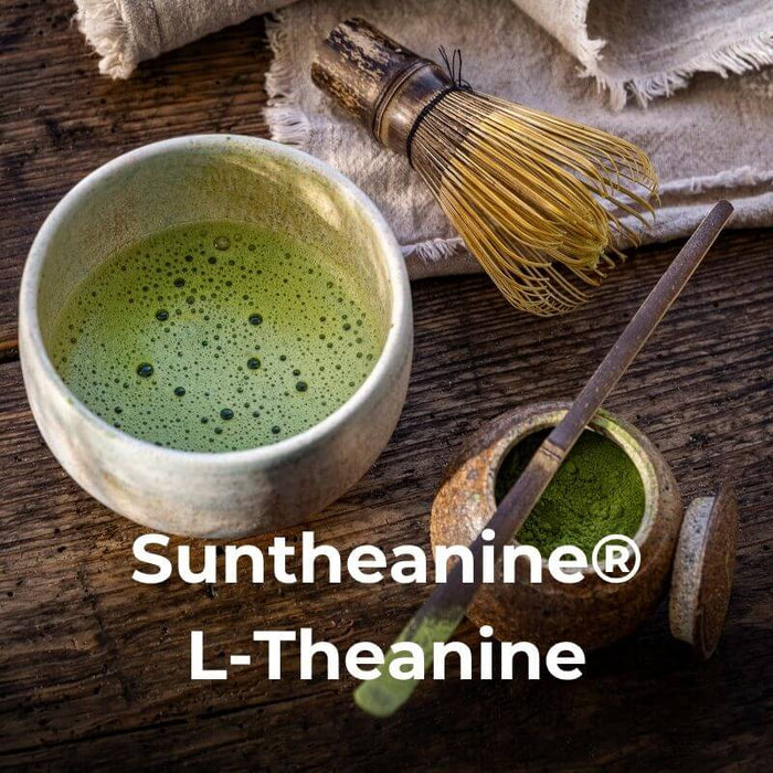 Suntheanine® (100% Pure L-Theanine). Suntheanine® is the most clinically studied and awarded form of L-Theanine, protected by over 40 patents worldwide. Unlike generic L-Theanine, it is produced via a patented fermentation process that mimics the natural compounds found in green tea. It is clinically proven to: INDUCE ALPHA BRAIN WAVES to create a state of deep relaxation without drowsiness — CALM THE RACING MIND by reducing the excitatory signals in your brain — IMPROVE FOCUS AND CLARITY upon waking, ensuring you feel alert and refreshed. It is the gold standard for achieving a calm, tranquil state before sleep.